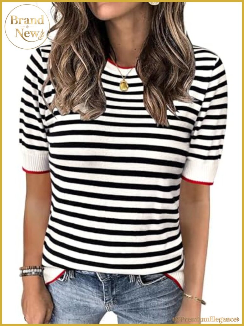 Women's Striped Knit Short Sleeve Sweater Crewneck Lightweight Summer Casual Tee